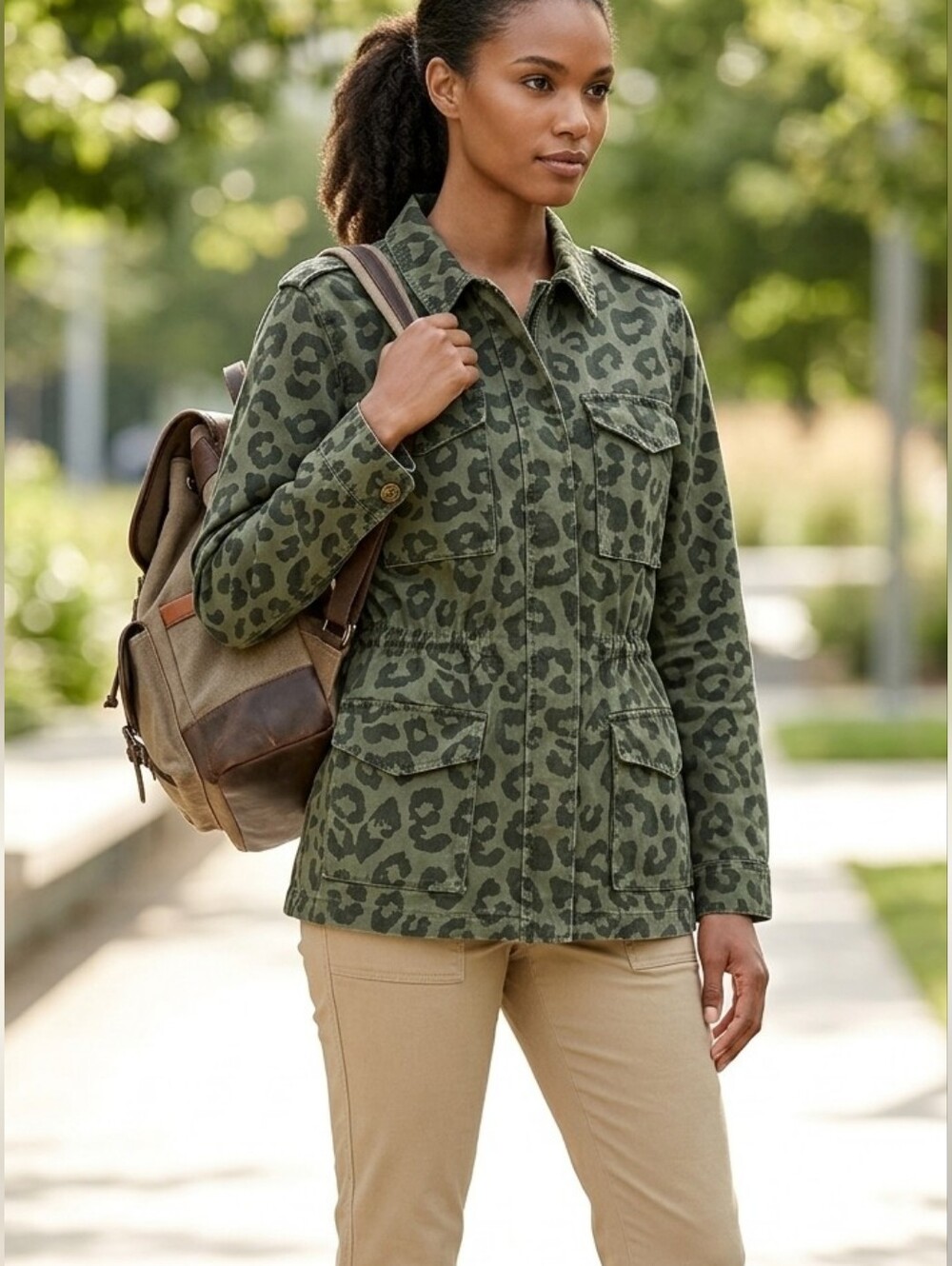 Ellison Leopard Olive Green zip up utility jacket